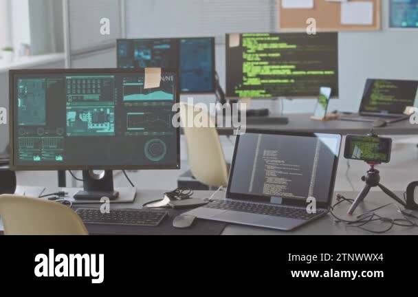 No people shot of processes of coding and working with computer network ...