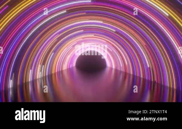 Beautiful Glow Neon Rings Tunnel Rotate Over Shiny Reflection Surface ...