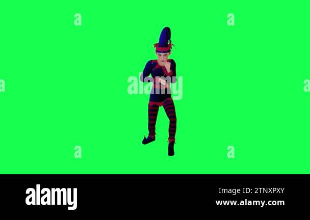 3D animated elf clown in red blue outfit rapping from front angle on ...