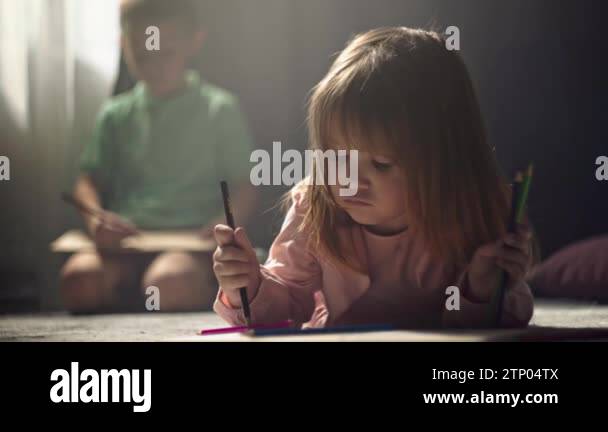 Unleashing Imagination A Heartwarming Scene Of A Sweet Girl Delighting In Drawing With Pencil 