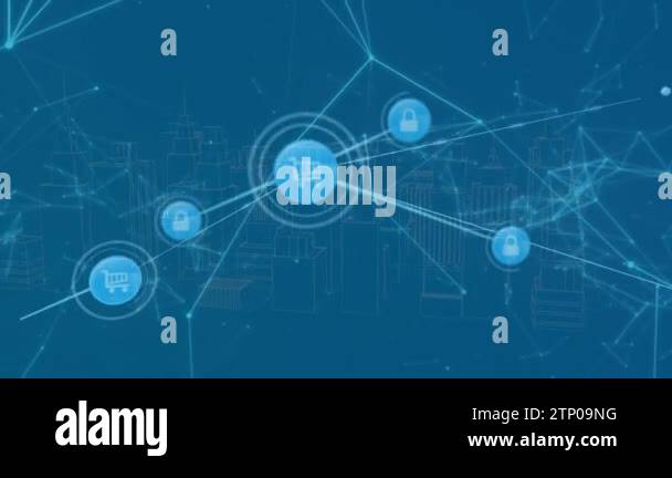 Animation of connected icons, connected dots and 3d model of modern ...