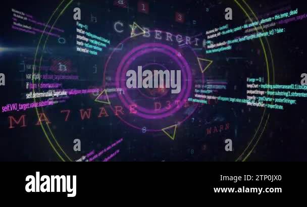 Animation of cube in loading circles and computer language over letters ...