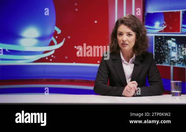News anchor talks about global events, presenting new information and ...