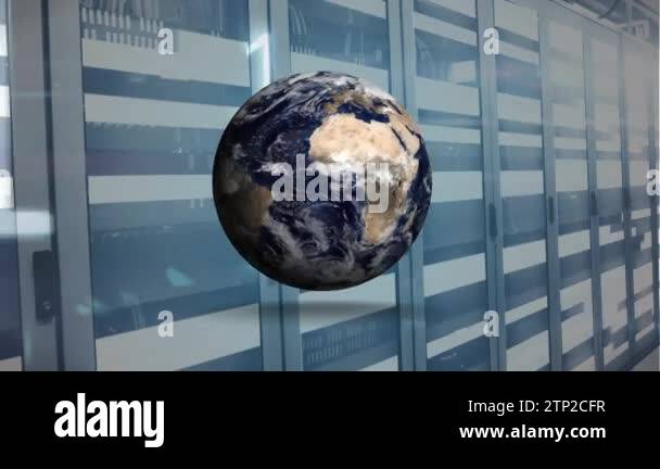 Animation of falling binary codes and rotating globe over moving bars ...