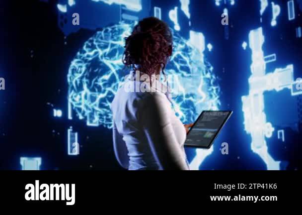 African american scientist programming scripts on tablet, employing AI ...