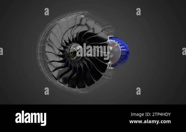 Jet engine inside, partly wireframe model - 3D 4k animation (3840 x ...