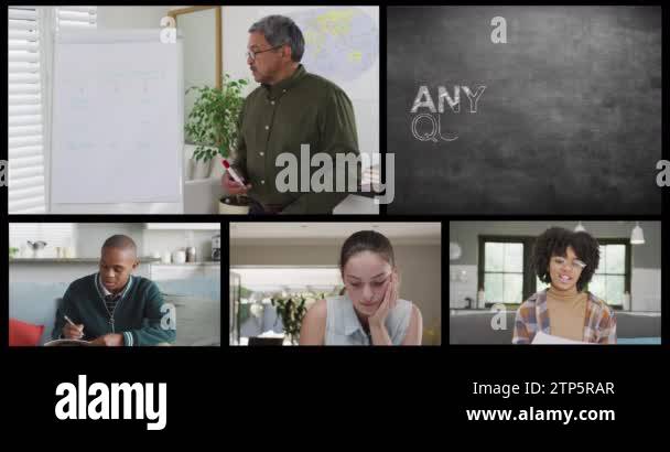 Screens with online call of diverse male teacher, students and any ...