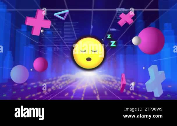 Animation of emoji icons over data processing and digital city. Social ...
