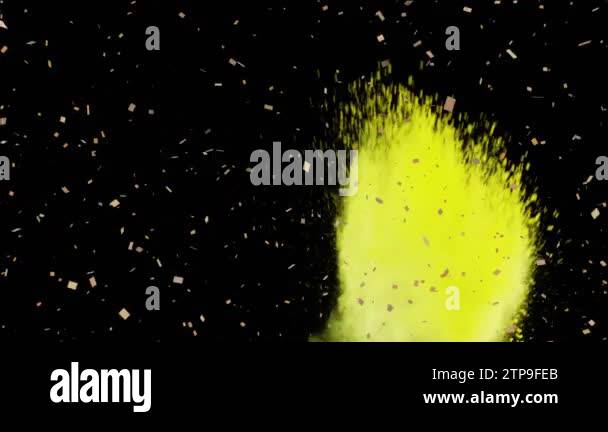 Animation of confetti falling over colored powder explosion against ...
