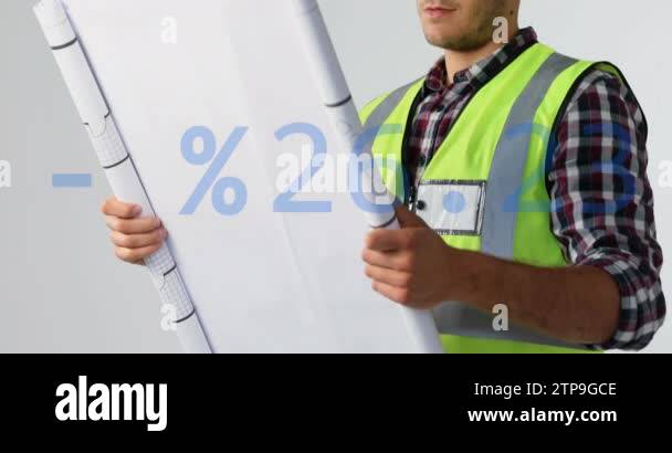 Animation of plus, minus, percentile symbols, caucasian engineer ...