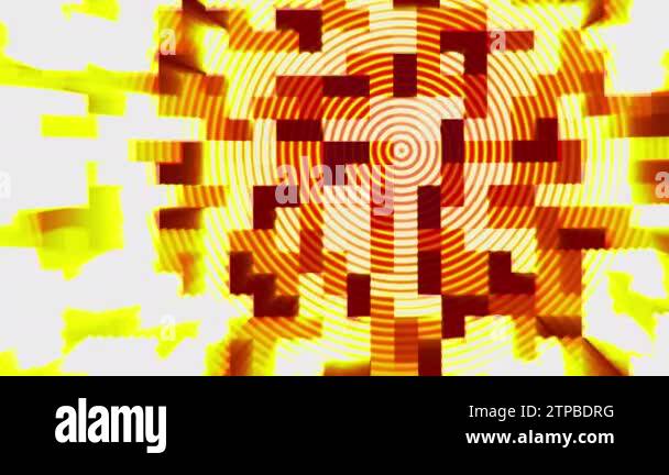 Flaming mosaic background breaks up into small pieces and reveals green ...