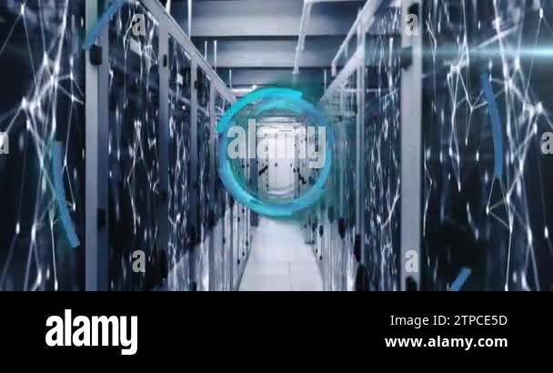 Animation of loading circles over connected dots on data server racks ...
