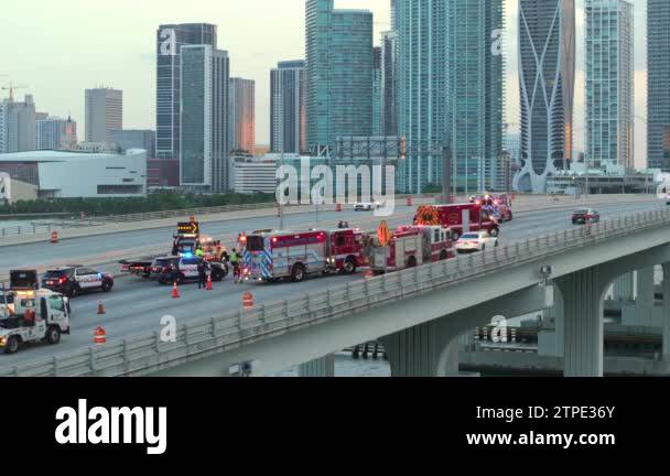 Top view of first responders at car accident site in Miami, Florida ...