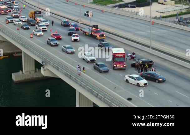 Top view of first responders at car accident site in Miami, Florida ...