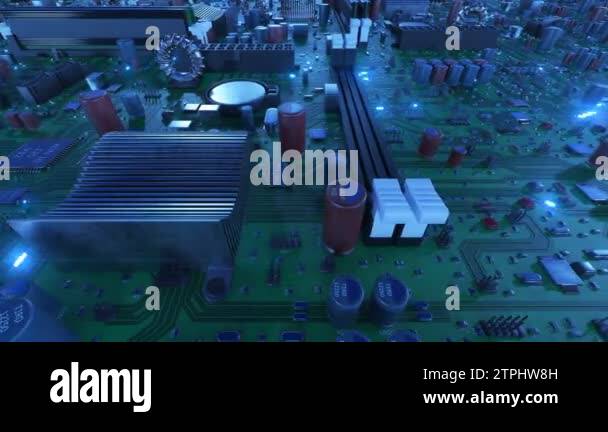 Flying Over The Circuit Board With Cpus And Blue Signals Looped 3d