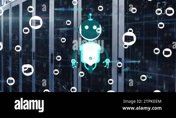 Animation of ai chat bot and icons over computer server background ...