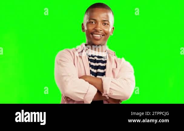 Young black man, smile and face by green screen for fashion mockup ...