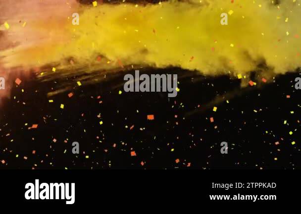 Animation of confetti falling over colored powder explosion against ...