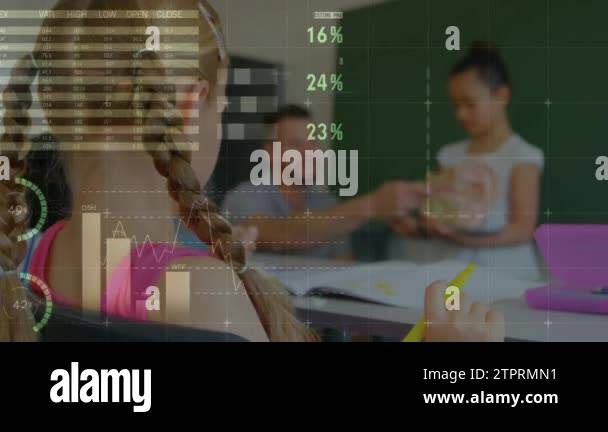 Animation of infographic interface over diverse teacher explaining ...