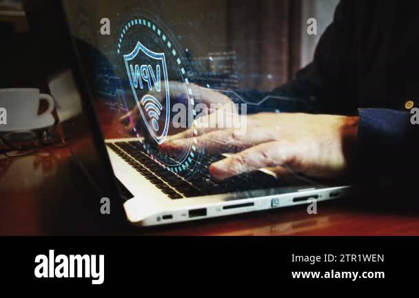 VPN virtual private network communication symbol and man typing ...