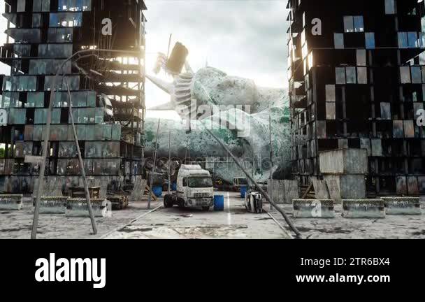 Apocalypse of USA, America. Aerial View of the destroyed New York city ...