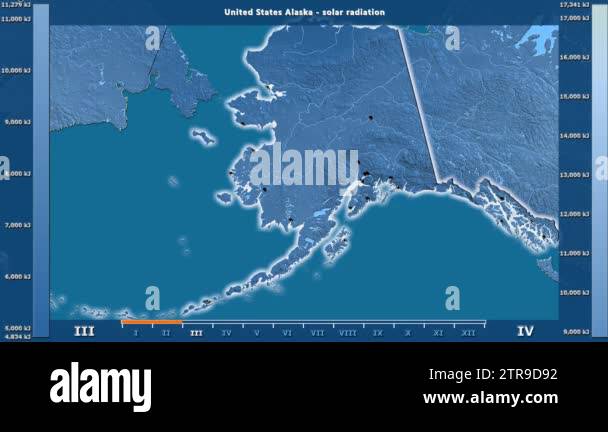 Solar radiation by month in the - Solar Radiation By Month In The United States Alaska Area With Animated Legend English Labels Country And Capital Names Map Description Stereographic Projection 2tr9d92 