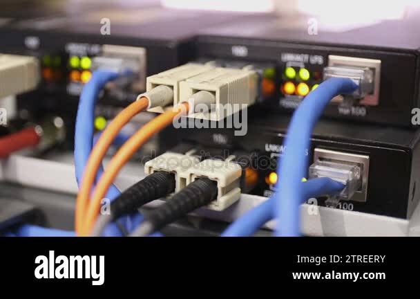 Details from loaded and working network switch with fiber media ...