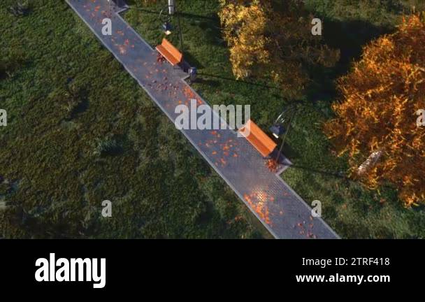 Top view of pavement walkway lit by street lamps with empty benches ...