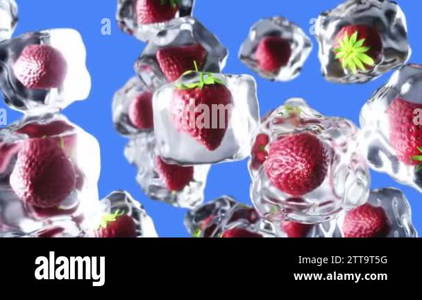 strawberry rotate in ice cubes. Food and broadcast concept. Realistic ...