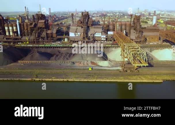 Blast furnace view from the air. Old factory. Aerial view over ...