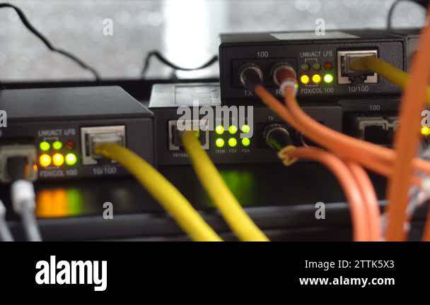 Details from loaded and working network switch with fiber media ...