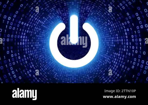 White on off button symbol form blue binary tunnel on black background ...