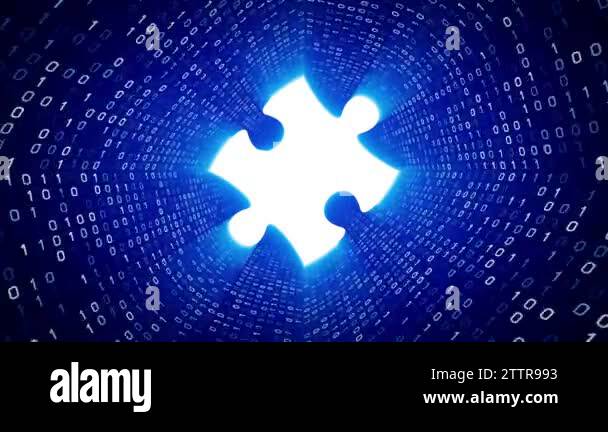 White puzzle piece form white binary tunnel on blue background ...