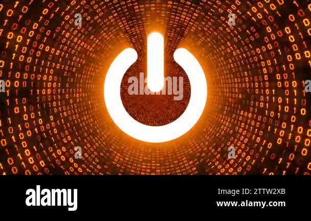 White on off button symbol form gold binary tunnel on black background ...