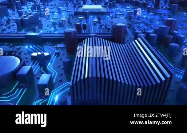 Flight Over The Motherboard And Processors With Blue Signals Looped 3d