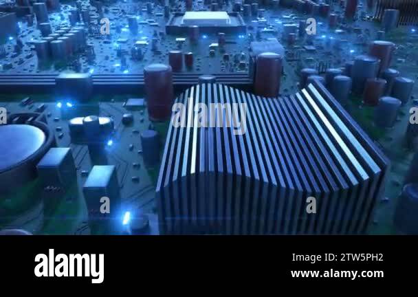 Flying Over The Circuit Board And Processors With Blue Signals Looped