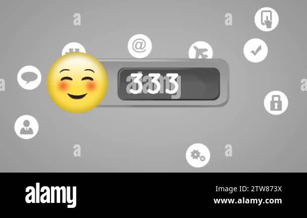 Digital animation of a smiling emoji with numbers counting in a grey ...