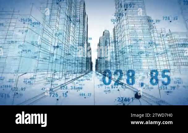 Abstract Digital City with Numbers and Grids. Flying Through the 3d ...