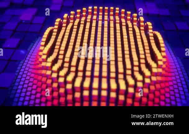 Camera flies over cubic pixels as they form an icon of human heart on ...