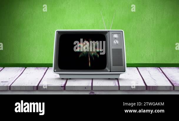 Digital animation of static palm trees moving in the screen of an old ...