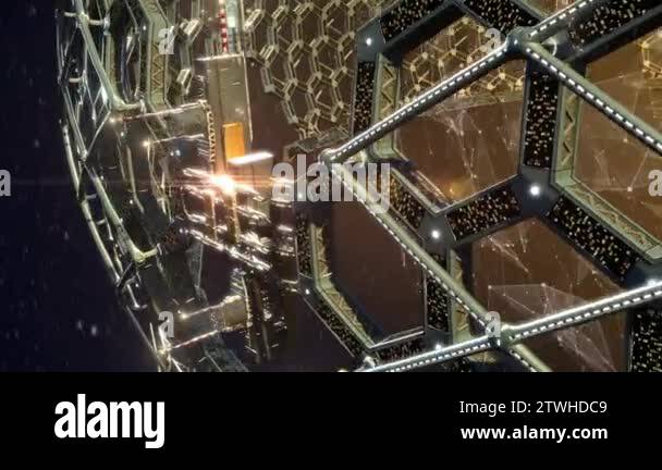 Deep space animation of a honeycomb geodesic structure rotating around ...
