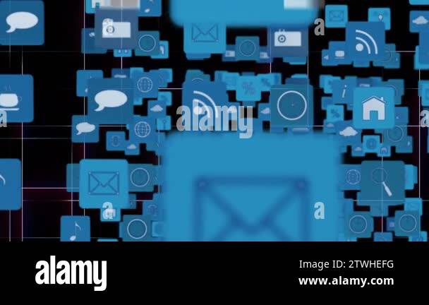 Digital animation of internet icons and symbols with arrows moving up ...