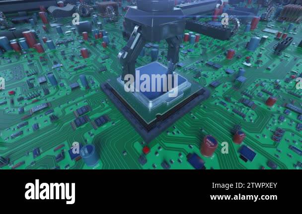 Robotic Arm Installing Processor Into The Circuit Board With Blue