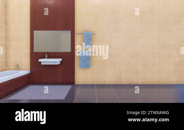 Modern bath fitment - bathtub, mirror and simple washbasin in bright ...