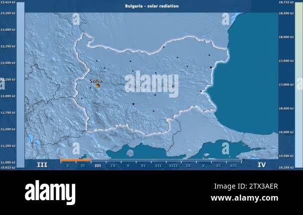 Solar radiation by month in the Bulgaria area with animated legend ...