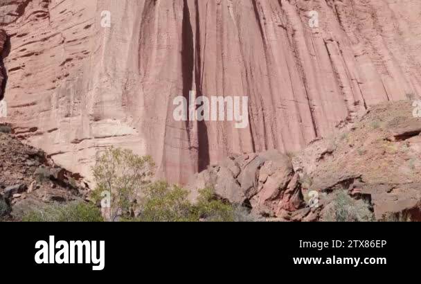 Detail of tall red rock walls, chimneys, of Talampaya Canyon in ...