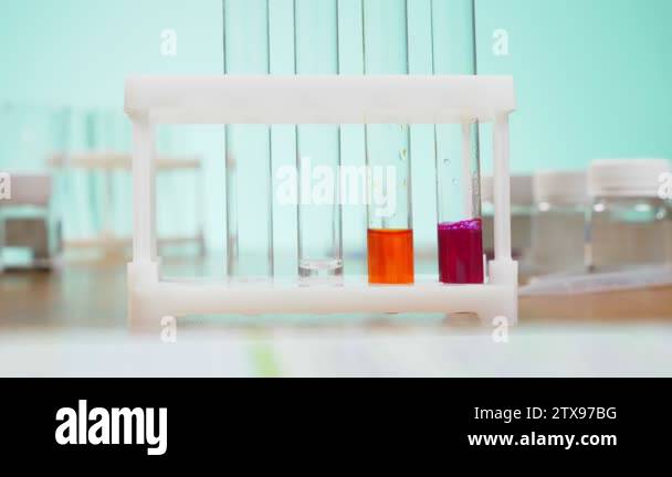Testing Lab 4k chemical experiments, laboratory test tubes with reagents. 4k, close-up ...