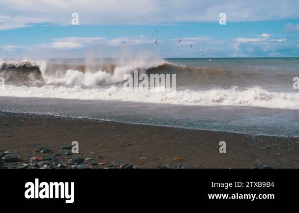 Storm on the Sea. Huge Waves are Crashing and Spraying on the Beach ...