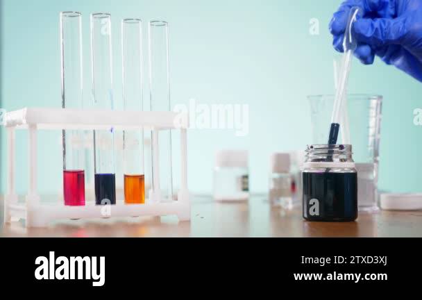 Testing Lab 4k chemical experiments, laboratory test tubes with reagents. 4k, close-up ...