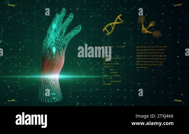 Background with animation of abstract interface. Human body, DNA ...